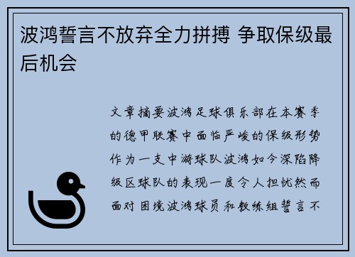 波鸿誓言不放弃全力拼搏 争取保级最后机会