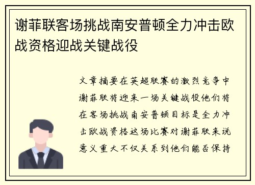 谢菲联客场挑战南安普顿全力冲击欧战资格迎战关键战役